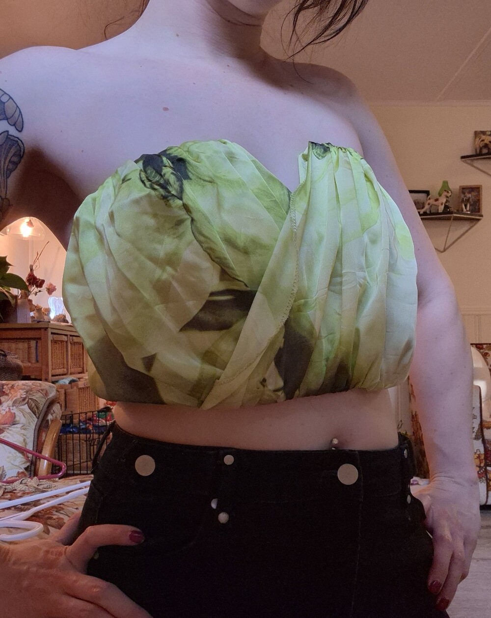 Forever 21 Lime Green Floral Strapless Crop Top